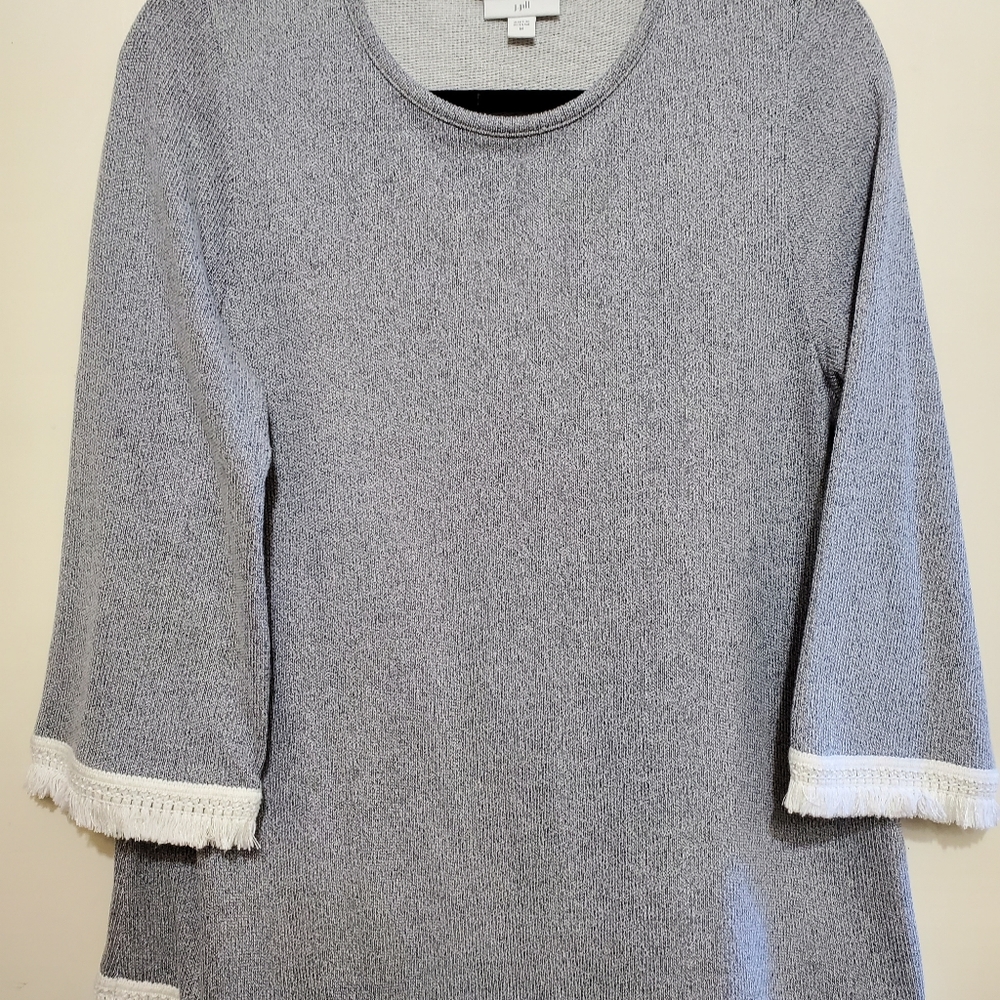 JJill 3/4 sleeve blue knit top with cotton fringe, size Medium